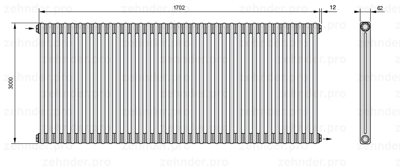 Схема (чертеж) Радиатор Zehnder Charleston 2300/37 №1670 Белый глянцевый RAL 9016